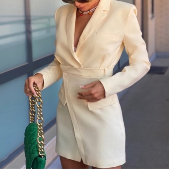 Zara Dresses & Skirts - ZARA Blogger Fav Long Sleeve Structured Mini Blazer Dress Pastel Yellow Cream